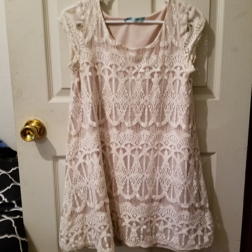 Tan and Ivory Lace Shift Dress